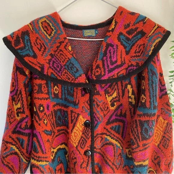 *SOLD* Giovanni Ferretti Vintage Vibrant Geometric Women's Cardigan Wool Size L - Picture 4 of 13